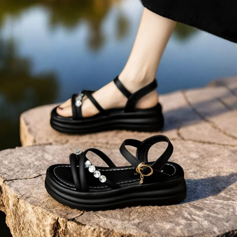 亮片仙女风时装凉鞋防滑学生休闲厚底夏季外穿百搭软底女士沙滩鞋