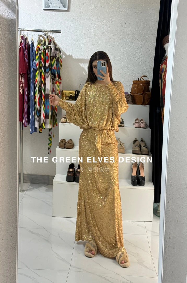 高端私人定制金色亮片礼服套装两件套