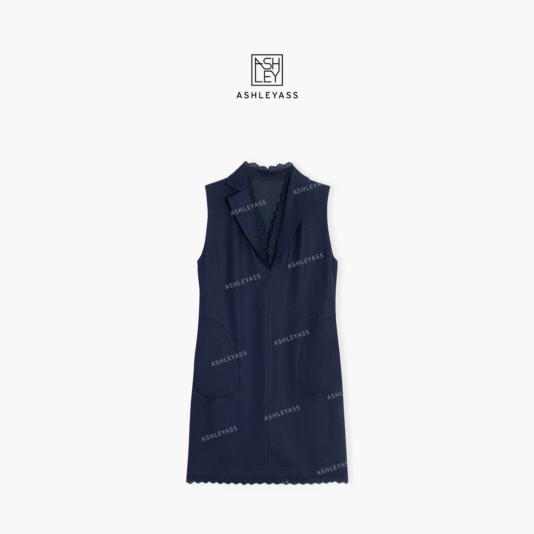 【ASHLEYASS】“蓝西裙”洋气衣服女V领口裙角花边连衣裙LSQ250379Y