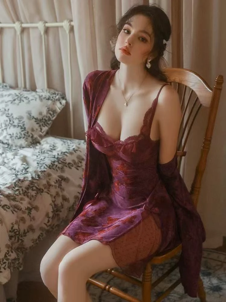 紫色迷人性感睡衣女款夏纯欲风高级感带胸垫蕾丝吊带睡裙睡袍套装