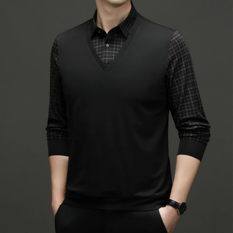 Louis Fordea路易弗狄/假两件针织t恤商务纯色衬衫领毛衣男装长袖