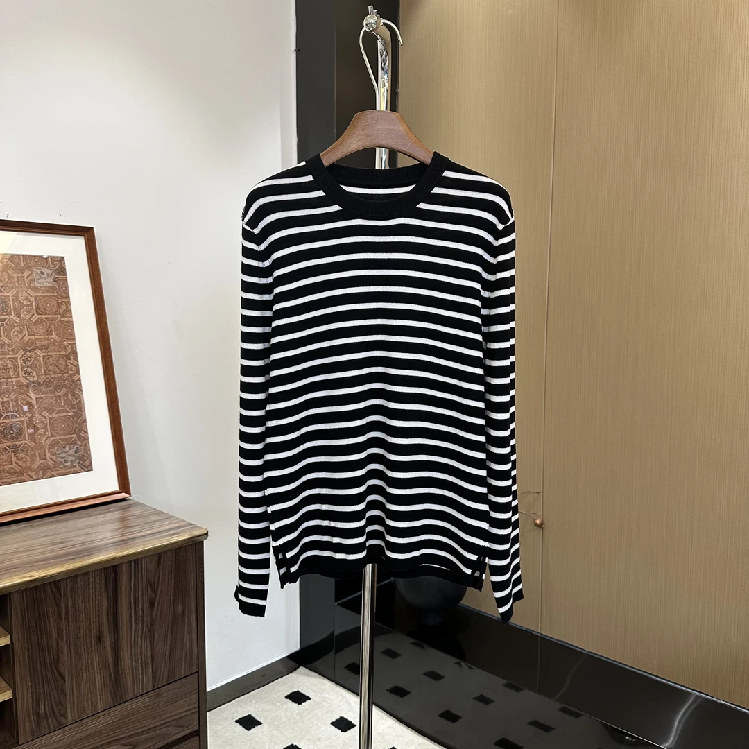 陈邓邓25春秋简约条纹拼色柔软美丽诺羊毛】圆领长袖T恤针织衫3018