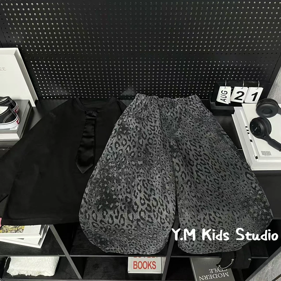 【Y.M KIDS】2025秋季新款男童豹纹休闲裤子领带T恤宽松百搭潮