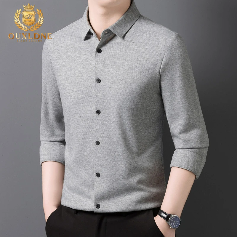 OUXLDNE 男士长袖衬衫秋季新款高端商务免烫上衣休闲纯色翻领衬衣