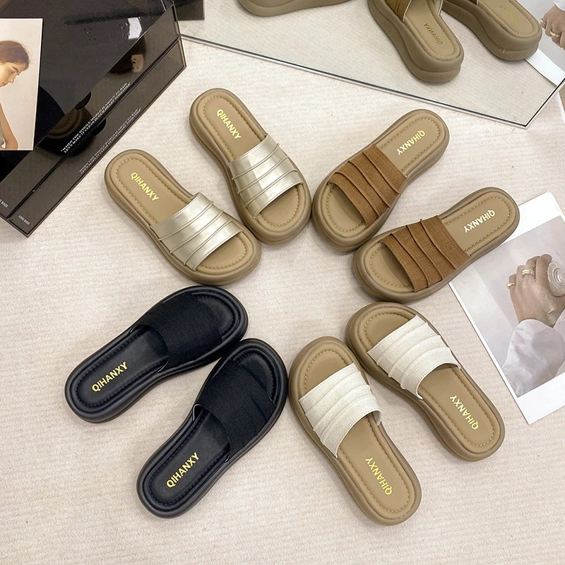 纯色防水台夏季纳帕纹高跟一字拖休闲欧若智性风百搭简约防滑