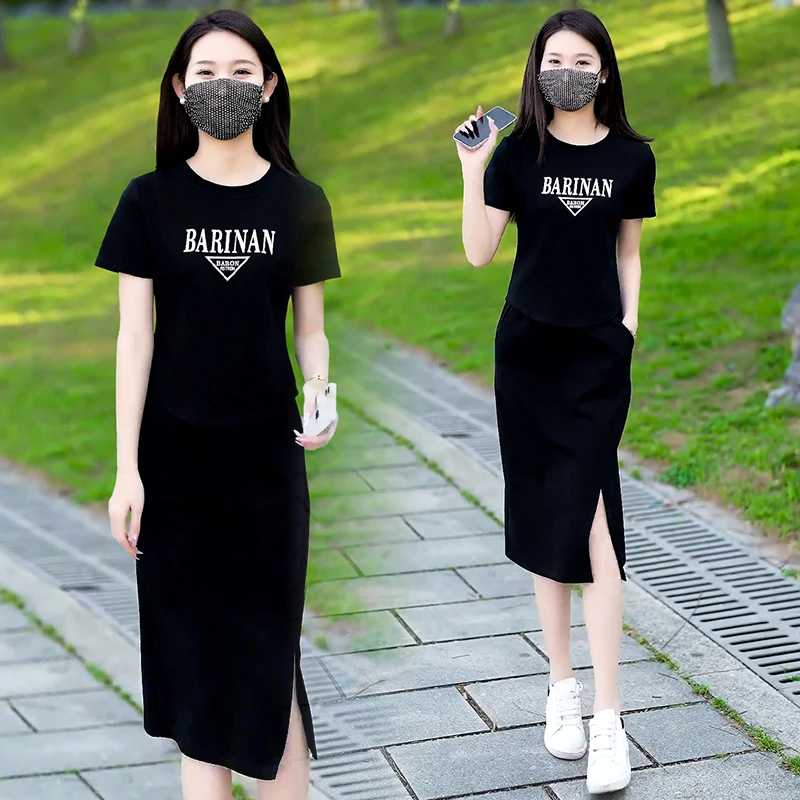 时尚半身裙运动服套装女2025夏季新款休闲印花百搭显瘦短袖两件套