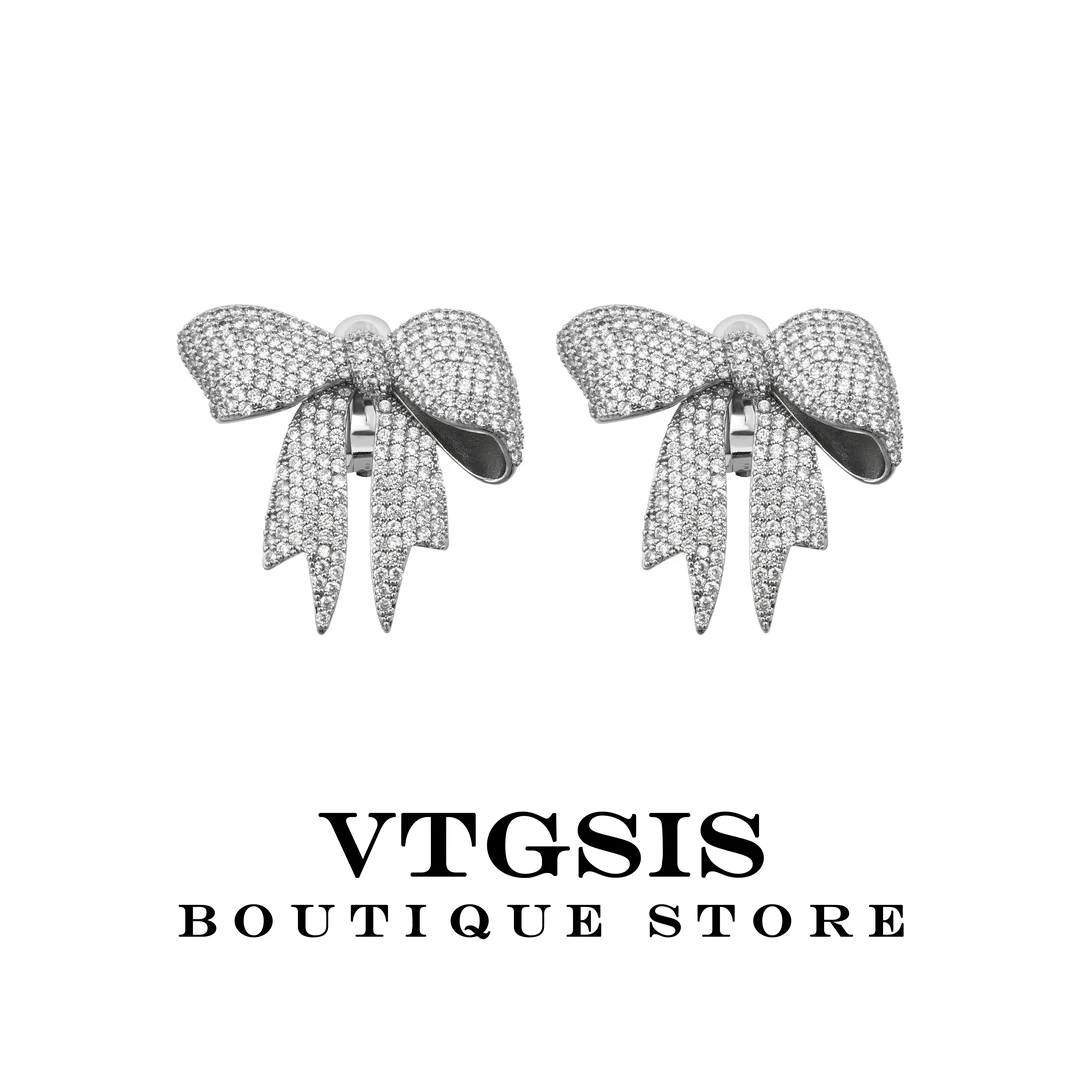 VTGSIS 合金合成锆石耳饰 22636银色蝴蝶结耳饰小众简约气质轻奢