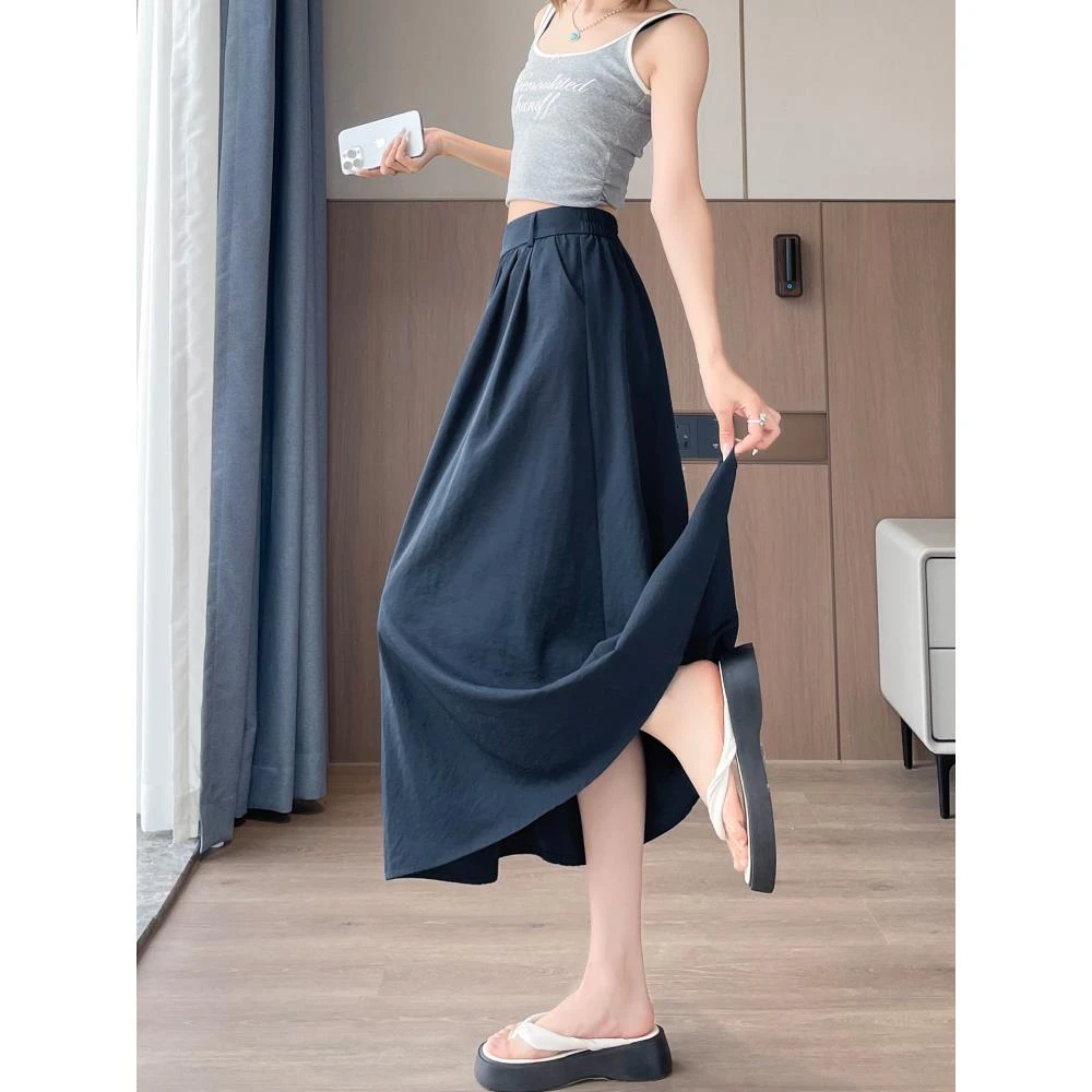 藏青色夏日半身裙女夏季薄款2025新款高腰显瘦a字伞裙中长款裙子