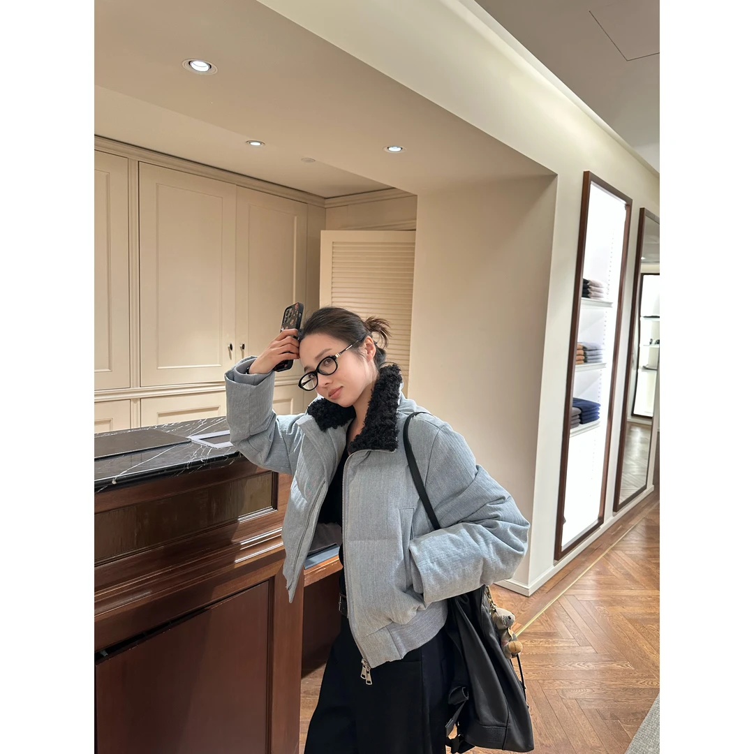 韩系复古设计感牛仔蓝毛领棉服外套女冬季2025新款宽松加厚面包服