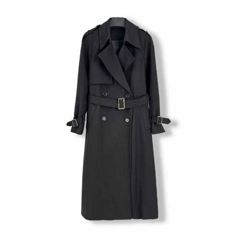 黑色收腰翻领时尚中长款休闲百搭经典秋冬风衣-11483