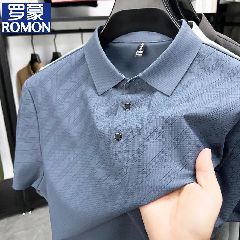 罗蒙男士t恤短袖夏季薄款冰丝印花翻领POLO衫爸爸装宽松休闲上衣