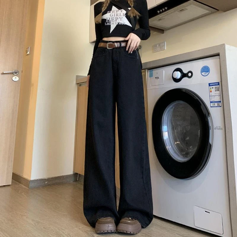 美式高个子加长黑色阔腿牛仔裤女秋冬新款高腰百搭显瘦垂感拖地裤