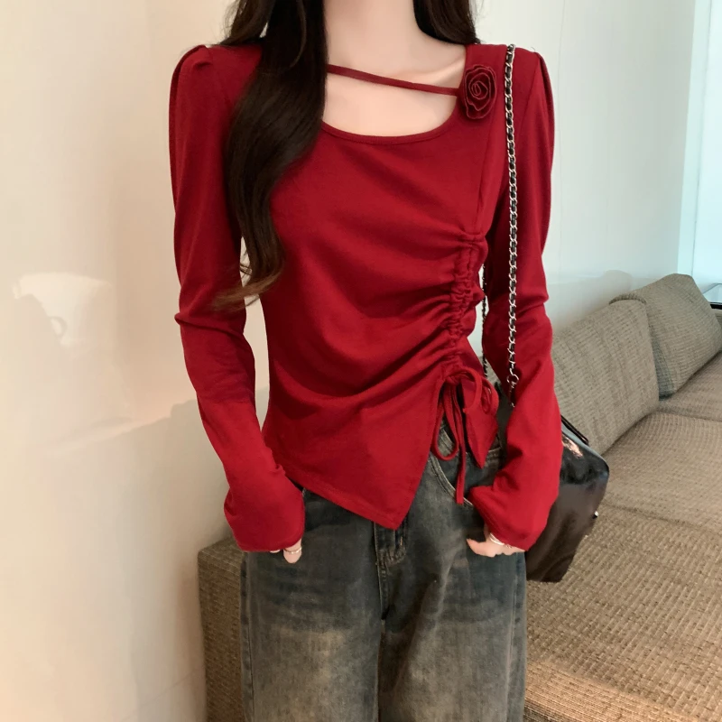 秋季红色洋气时尚纯欲风辣妹立体玫瑰花抽绳显瘦T恤修身长袖上衣