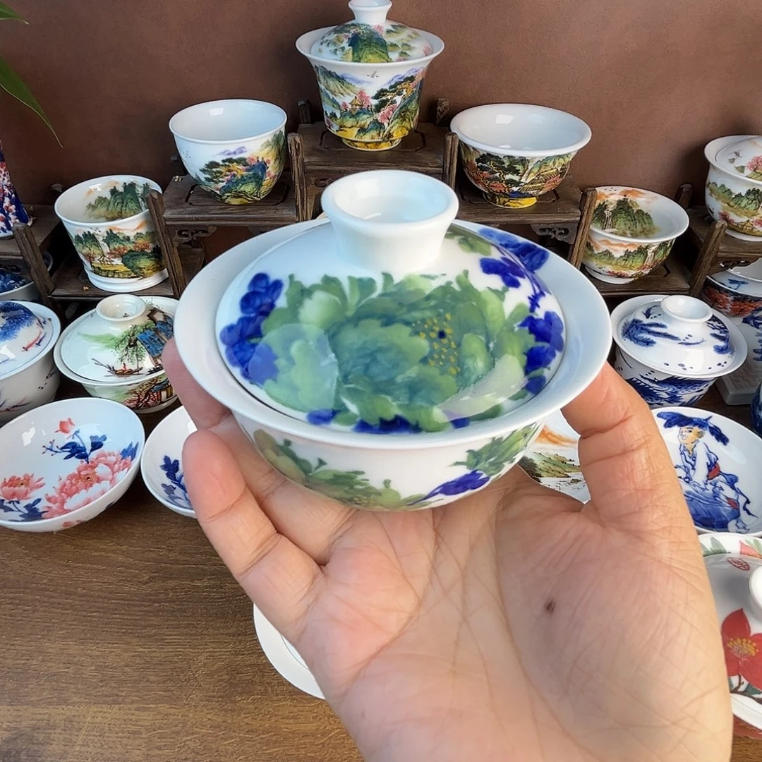 忠意堂釉下彩绿牡丹盖碗微瑕不退