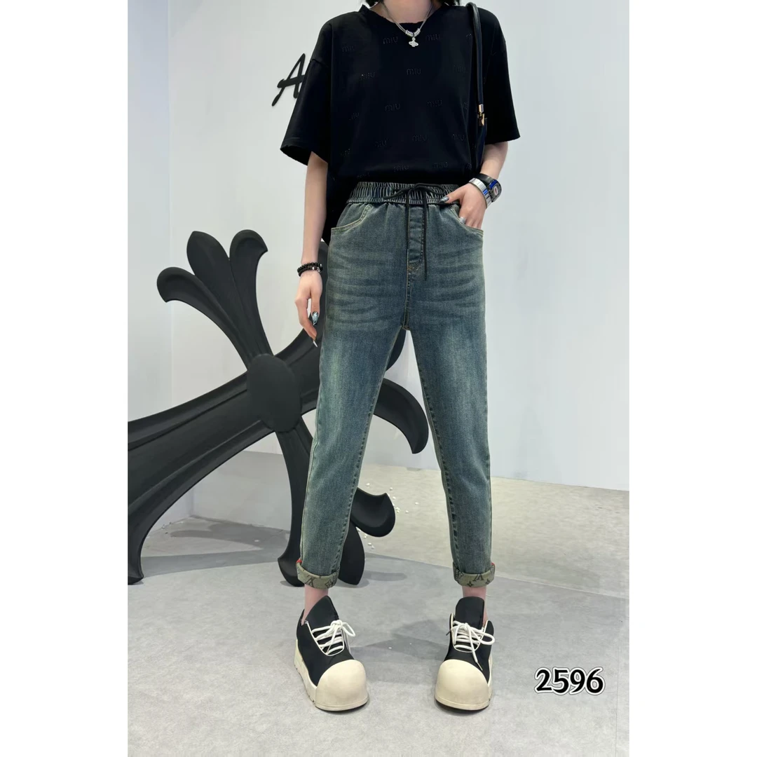 潮秀儿家大码显瘦薄款耐磨通体花软牛仔小脚裤2596