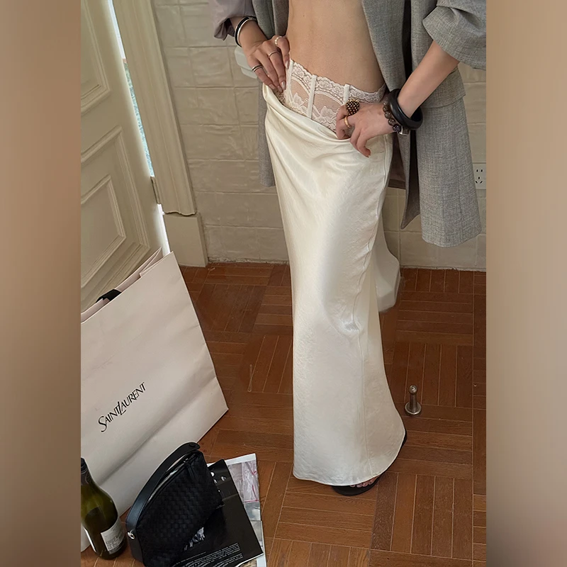 十三粥私服 段光鱼尾 高级优雅蕾丝拼接半身裙女光滑垂顺性感气质