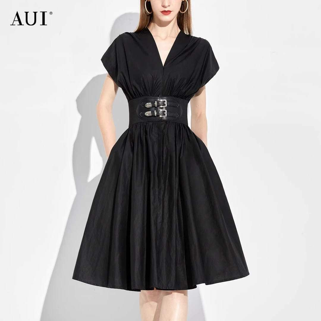 【AUI专属】AUI新款连衣裙女收腰显瘦遮肚子小黑裙-23C012121