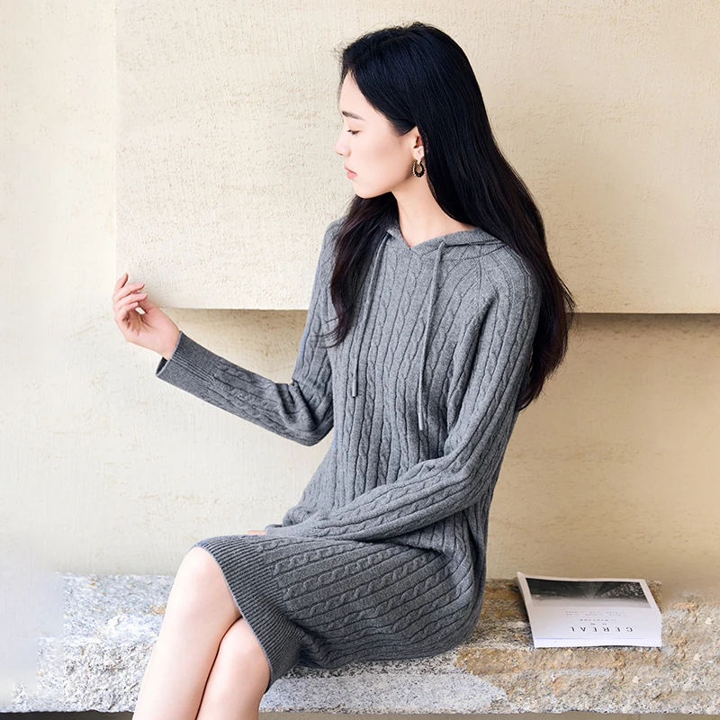 【丽公主专属】N844283连衣裙 香影针织连衣裙女连帽秋冬季新款裙子