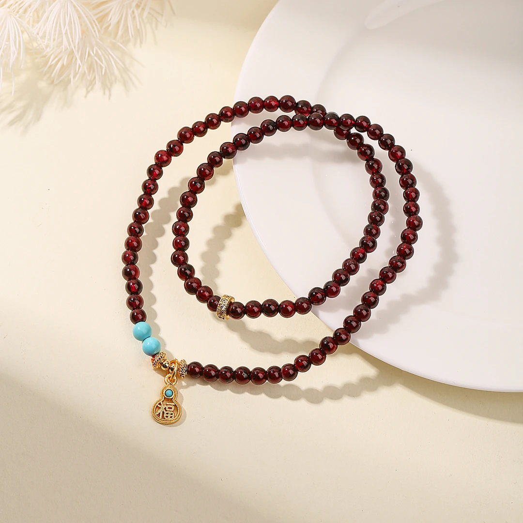 天然石榴石葫芦双圈手链石榴石手串女士酒红色多圈