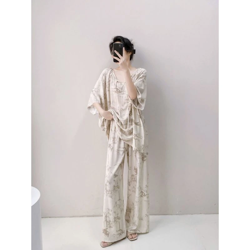可外穿睡衣女短袖长裤夏季超薄巨凉快套装棉绸宽松好看家居服新款