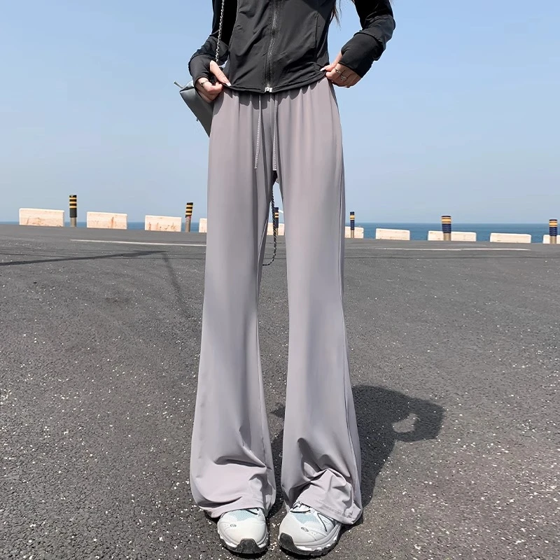 灰色防晒微喇叭裤女夏季薄款2025新款高腰休闲灰色阔腿冰丝运动裤