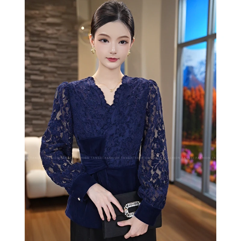 2025年秋冬新款【ZM-985】气质法式蕾丝收腰复古显瘦丝绒拼接上衣