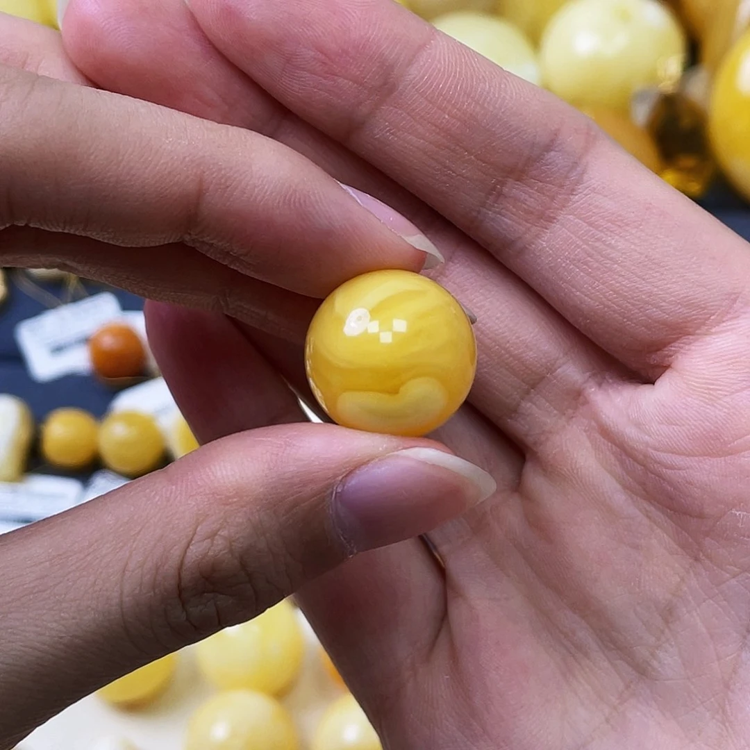 蜜蜡未镶嵌珠宝奇石17.4mm黄白浓蜡妖花圆珠微瑕