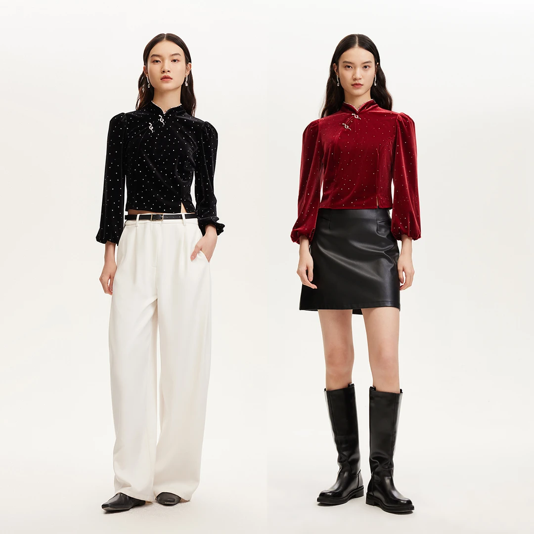 Vero Moda商场同款红上衣女气质新中式闪粉钉珠装饰丝绒324458001