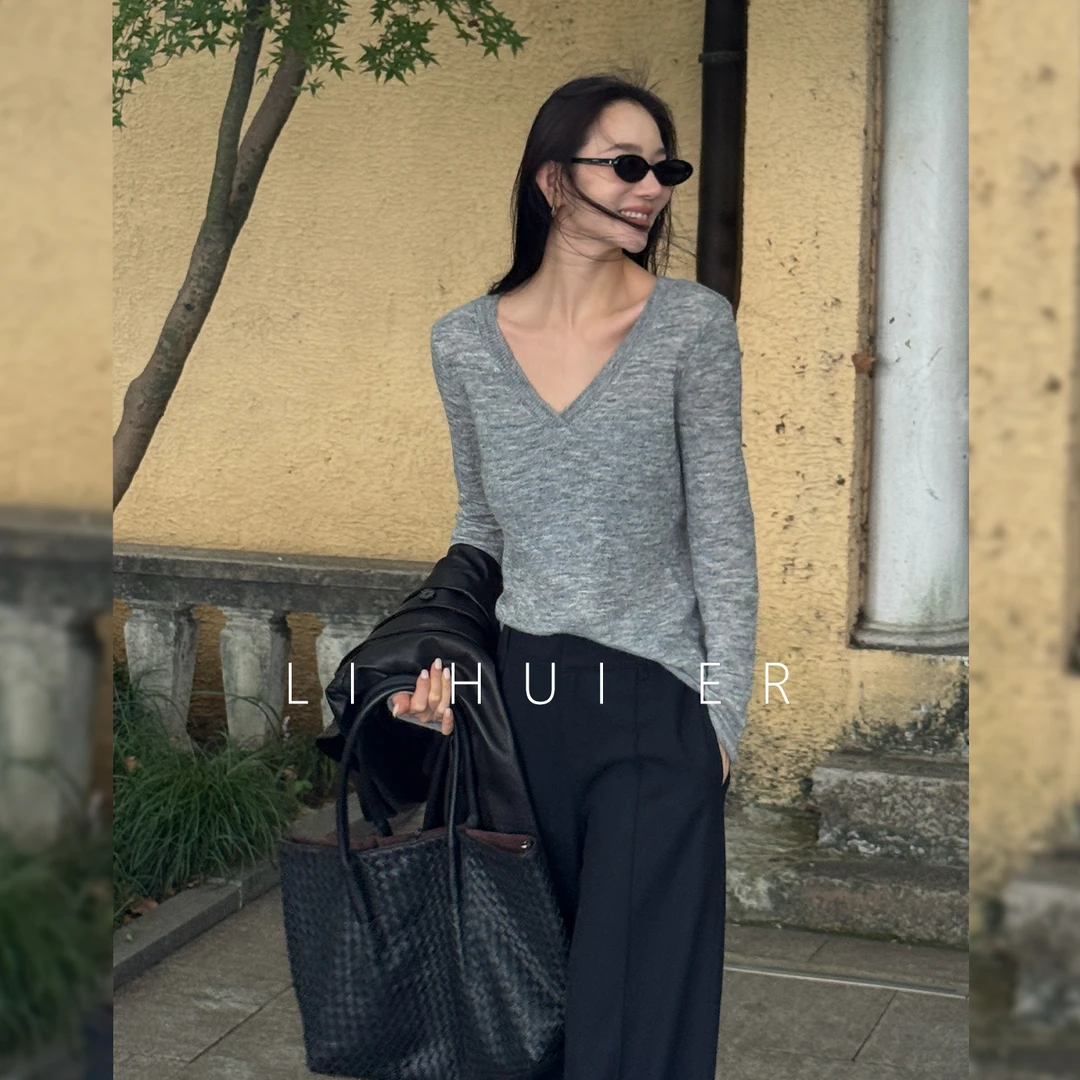 LiHuiEr李慧儿【皮诺曹的苹果】秋季通勤气质灰色针织上衣LL0251177