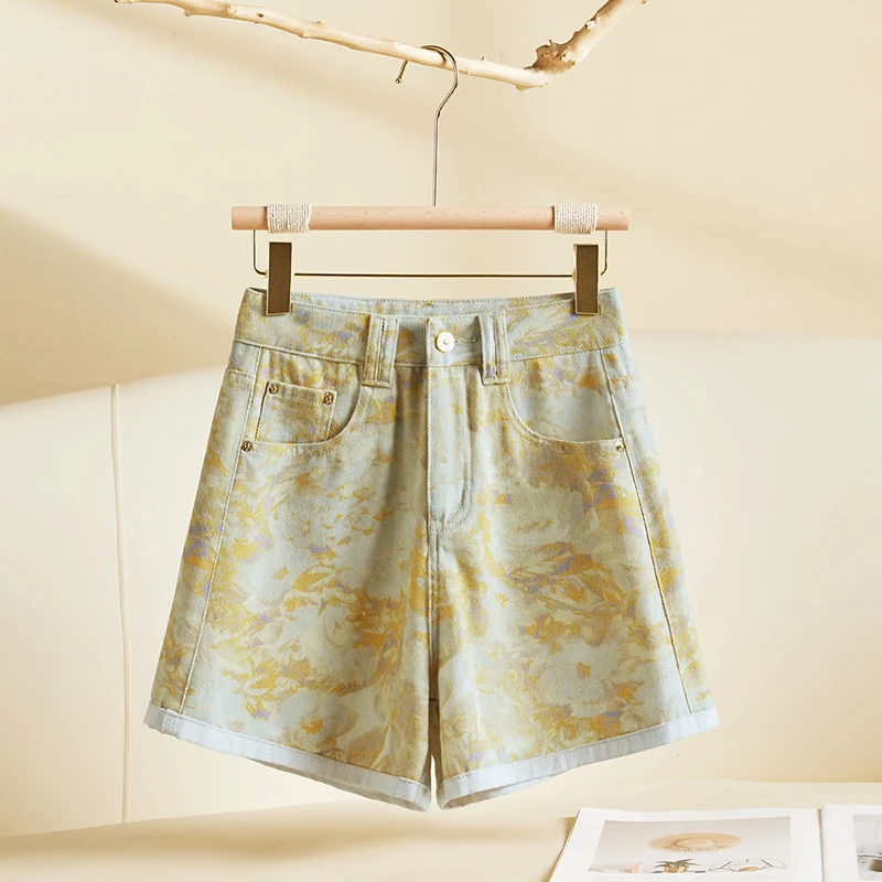 卷边印花水洗牛仔短裤女2025年夏季新款百搭宽松显瘦阔脚a字热裤