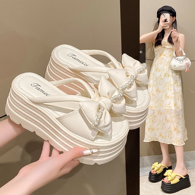 网红休闲风日常串珠夏季厚底增高一字拖外穿百搭凉鞋高跟仙女风潮