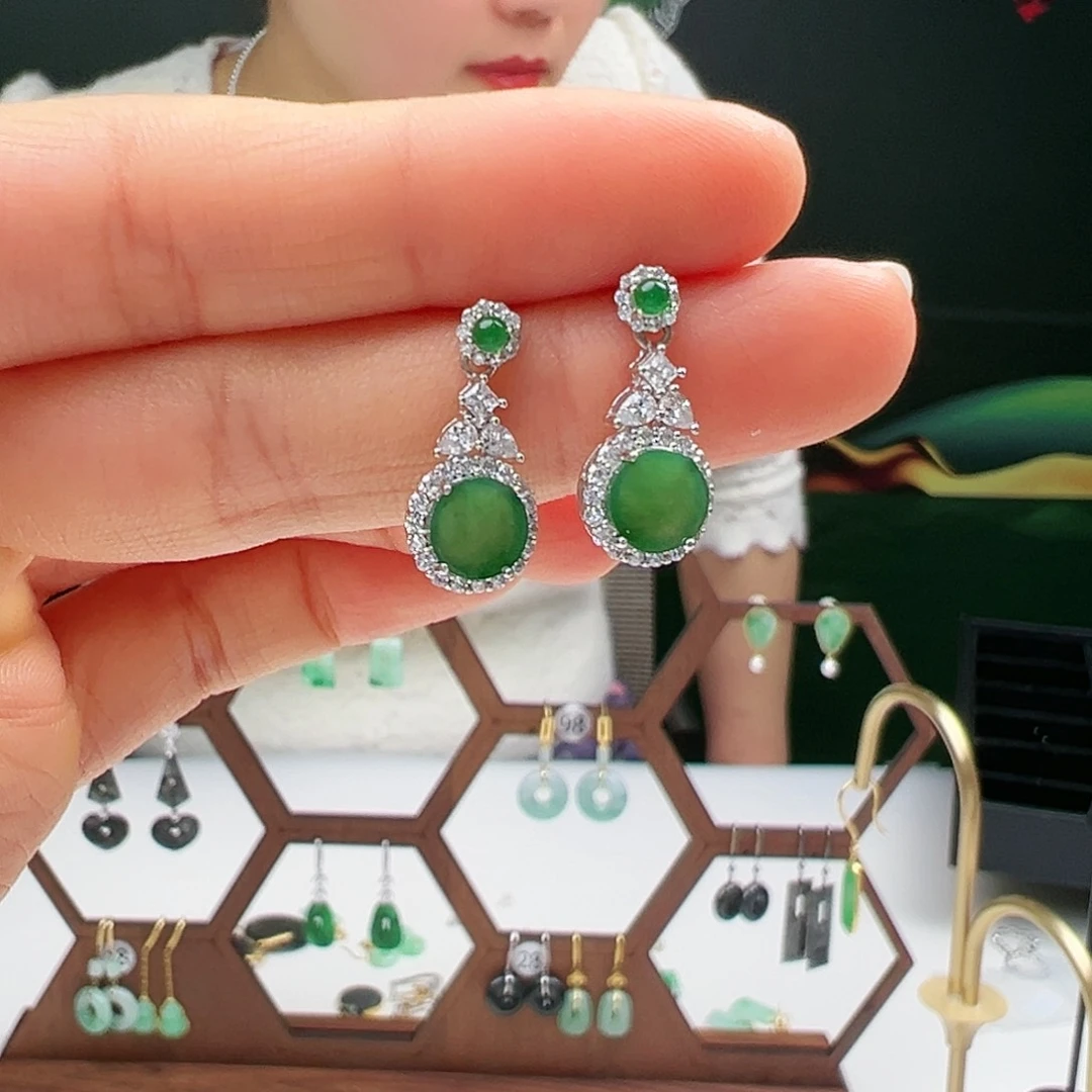 翡翠耳饰银S925镶嵌天然翡翠耳饰银s925镶嵌