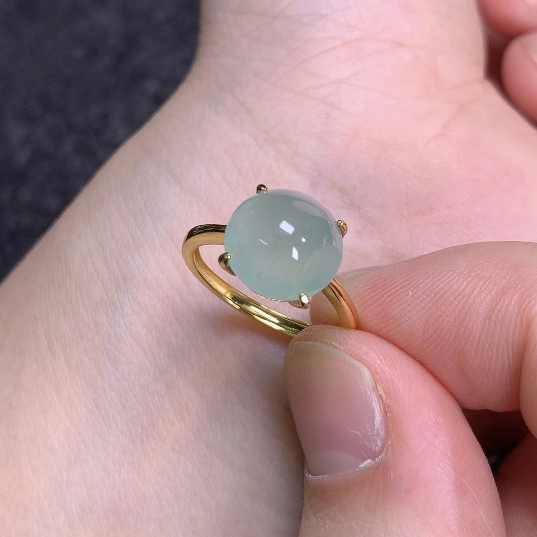 缅甸天然A货翡翠镶嵌925银宠粉款蛋面戒指开口式礼物珠宝11.2