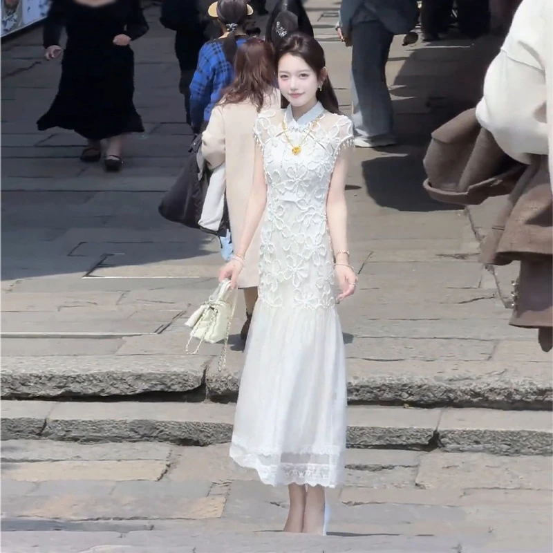新中式国风提花改良旗袍连衣裙温柔气质网纱拼接收腰修身包臀裙夏
