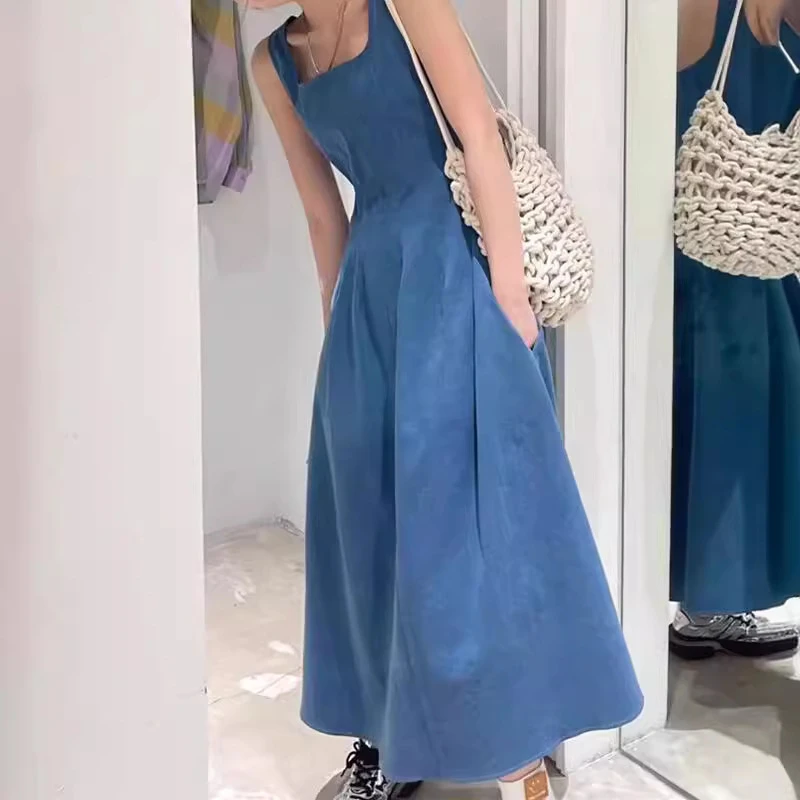 时尚背心牛仔连衣裙2025夏季新款法式度假风修身显瘦蓝色无袖长裙