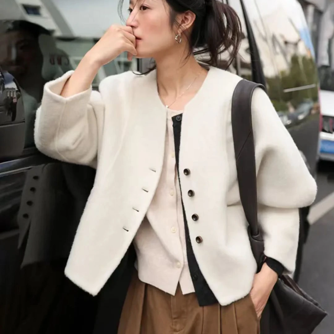 名媛小香风双面羊绒大衣女蝙蝠袖宽松减龄茧型羊毛外套20558