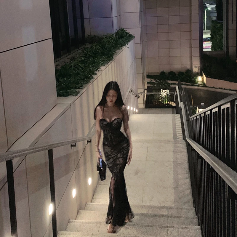 【西西里女神】易梦玲同款秀场性感御姐蕾丝抹胸连衣裙/纯欲抹胸