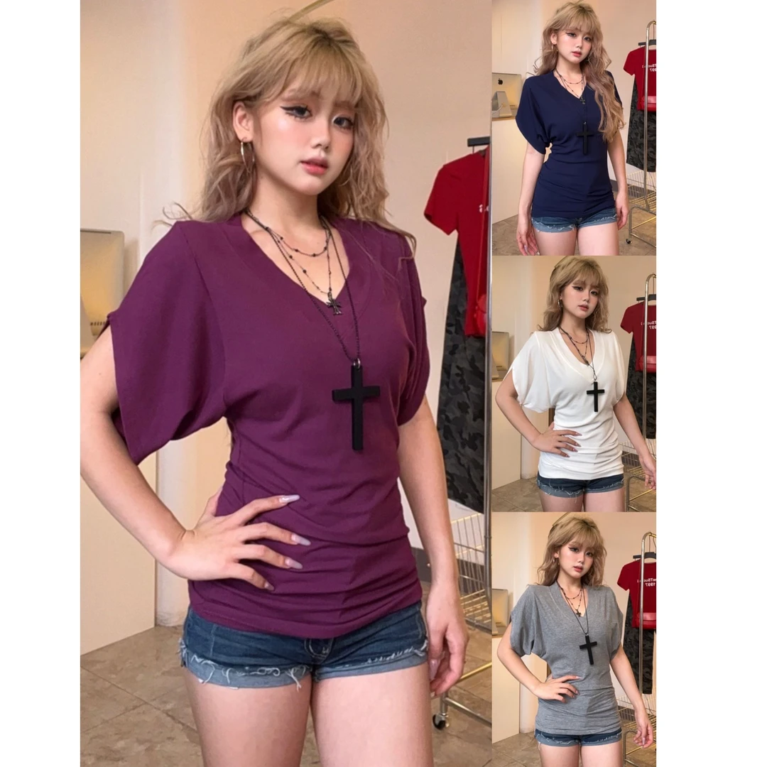 2025夏季宽松洋气辣妹大V领设计款修身显瘦纯色百搭款+【短袖U领】