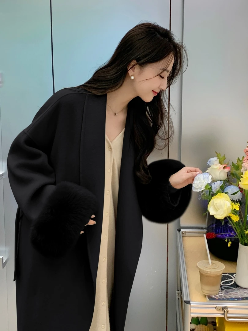 黑色双面毛呢大衣女2025秋冬新款时尚洋气高级感宽松收腰呢子外套