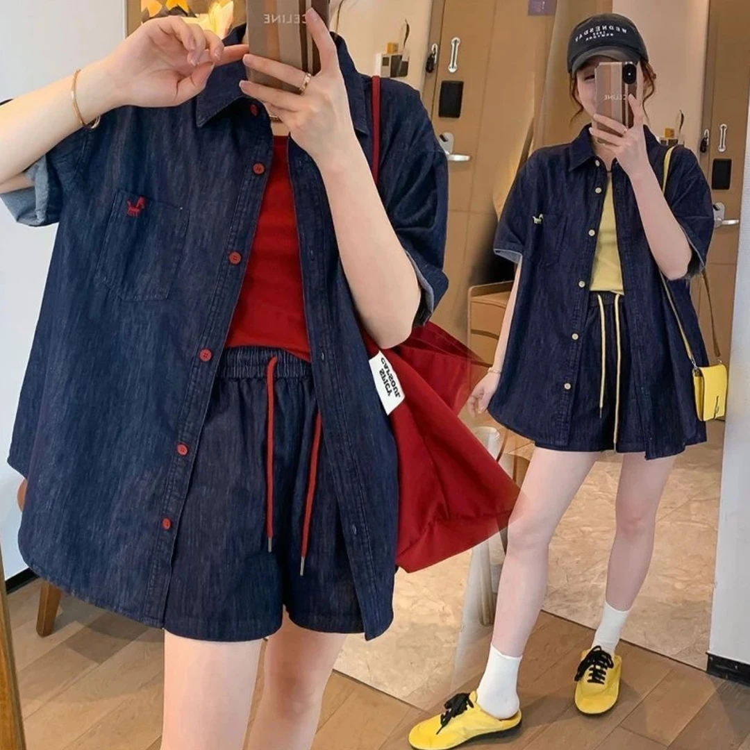 天一~休闲深蓝色牛仔套装女夏2025新款韩版短袖衬衫抽绳短裤35165