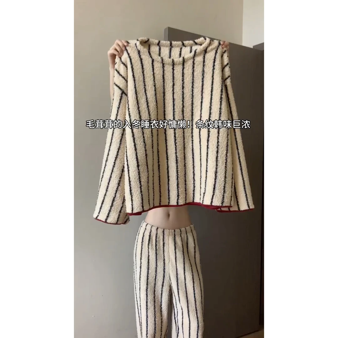 高级感穿搭竖条纹珊瑚绒睡衣女秋冬季新款加厚长袖长裤居家服套装