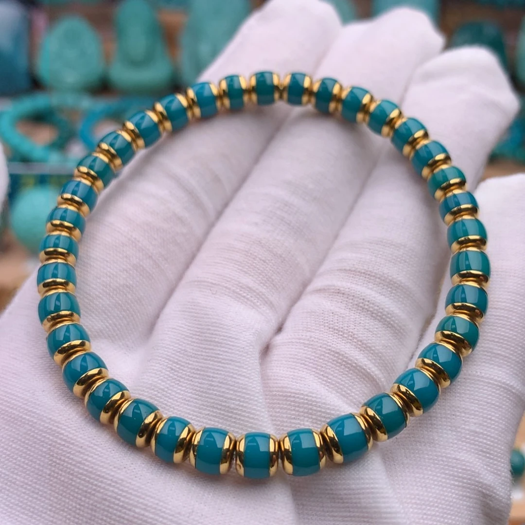 18K金镶嵌绿松石珠宝奇石5.7mm汉堡手串