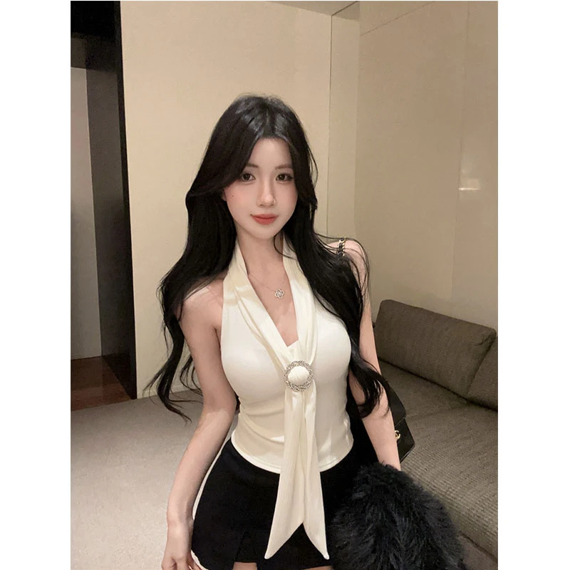 纯欲风性感辣妹飘带挂脖修身吊带背心百搭短款带胸垫小心机上衣