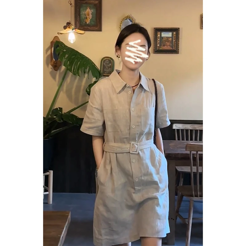 设计感衬衫连衣裙2025夏季新款韩系穿搭翻领短袖收腰显瘦百搭裙子