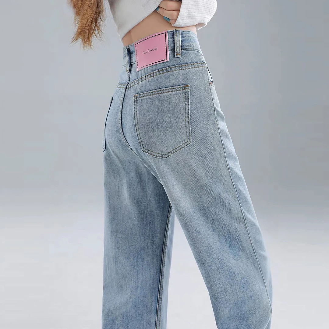2025春秋新款高腰窄版阔腿裤女浅色宽松直筒小个子垂感牛仔裤女