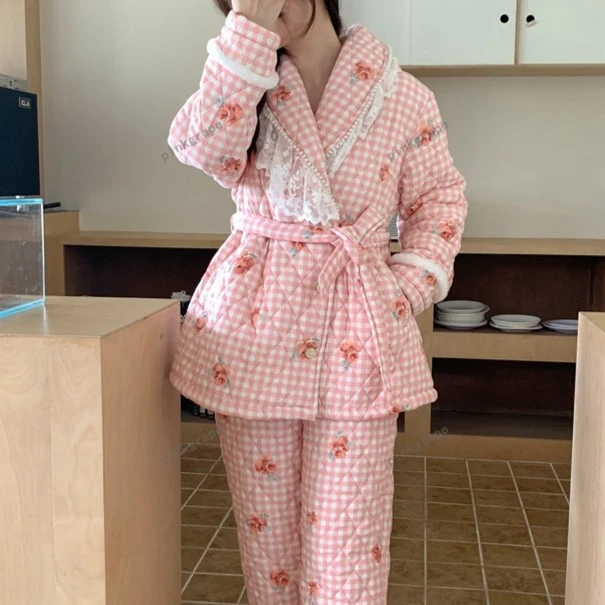 pinkgrape【浮花玫瑰】睡衣女士新款冬季三层夹棉加厚家居服2378120
