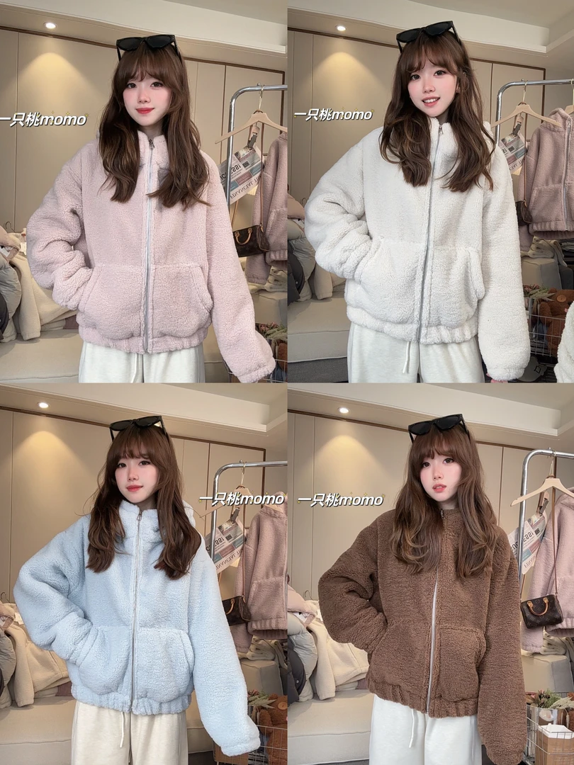 2025韩系新款糕糕毛宽松连帽加绒加厚卫衣百搭休闲显高保暖厚外套
