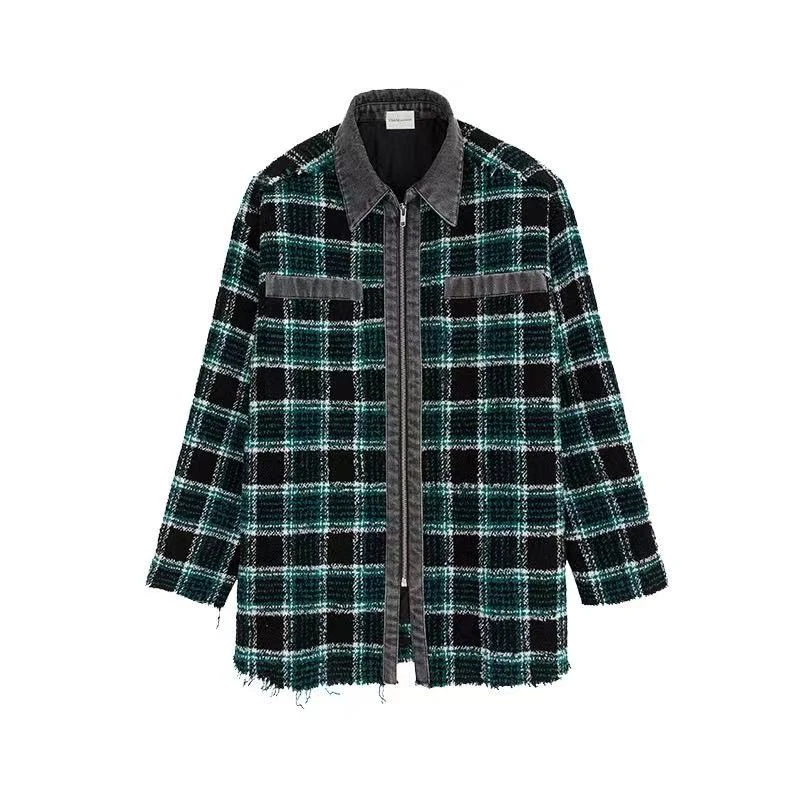 Charlie Luciano牛仔拼接格子衬衫男女同款百搭情侣个性拉链外套