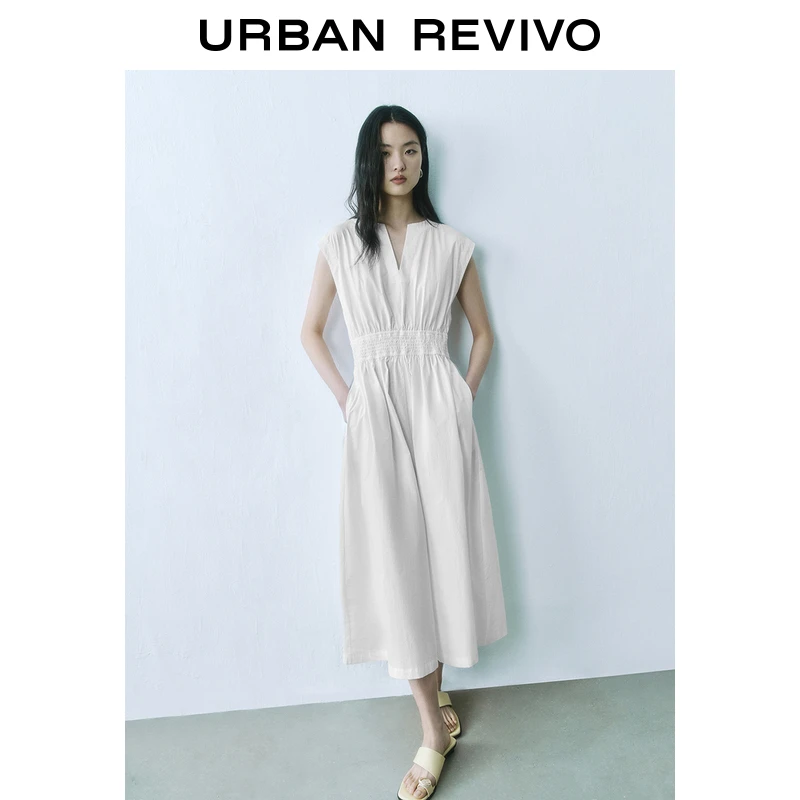 UR2025春季新款女装简约V领打揽收腰无袖连衣裙UYY750004