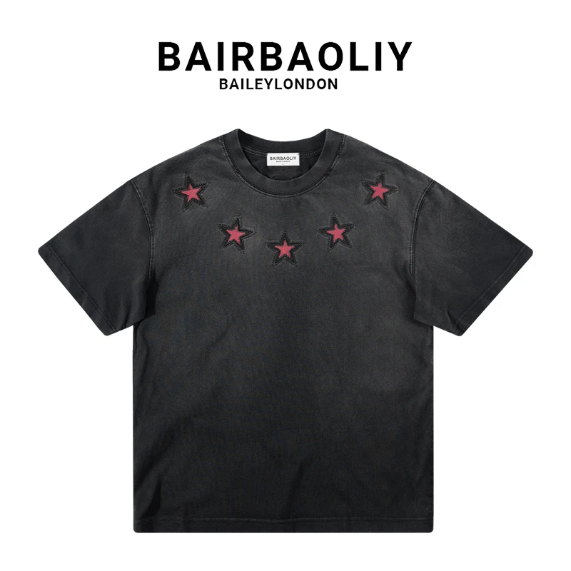 BAIRBAOLIY国潮新款男士星星纯棉刺绣百搭情侣宽松渐变短袖T恤